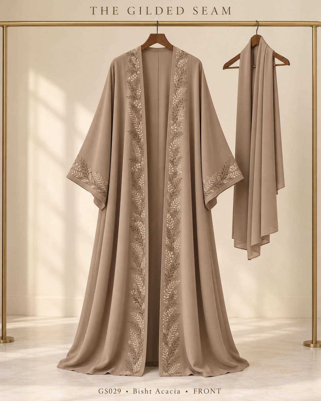 Design preview of the Acacia bisht abaya in taupe, front view