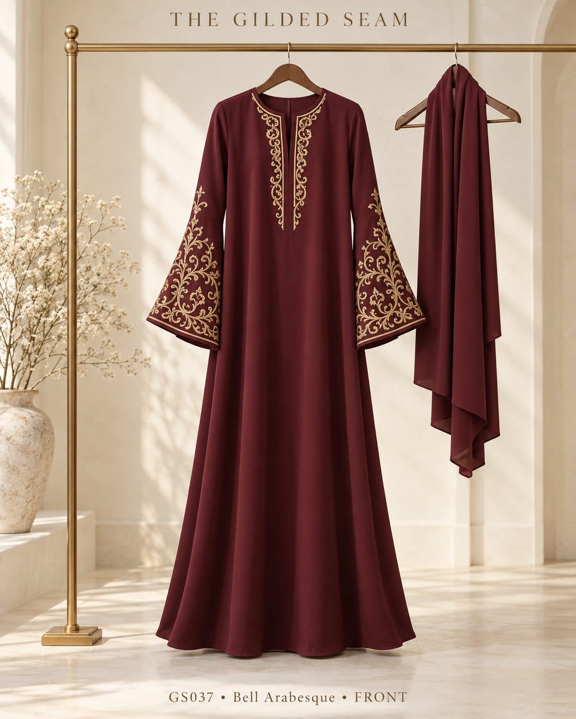 Design preview of the Arabesque bell abaya in burgundy