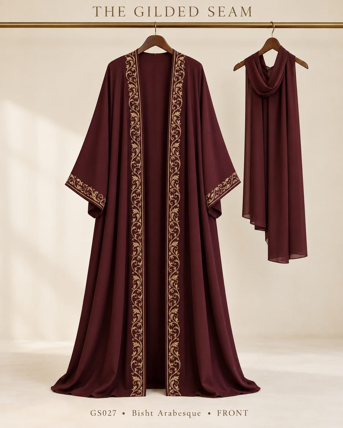 Design preview of the Arabesque bisht abaya in burgundy