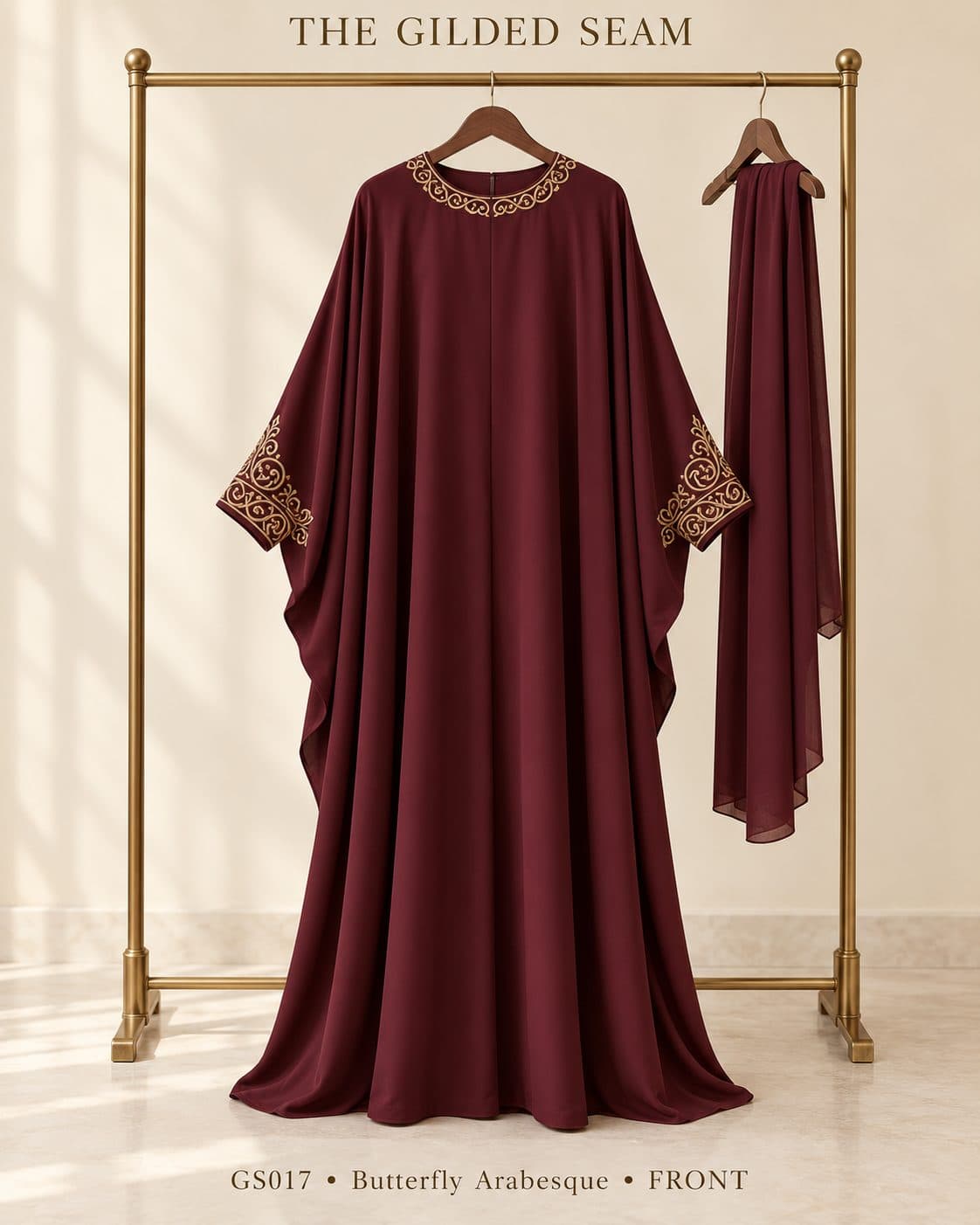 Design preview of the Arabesque butterfly abaya in burgundy