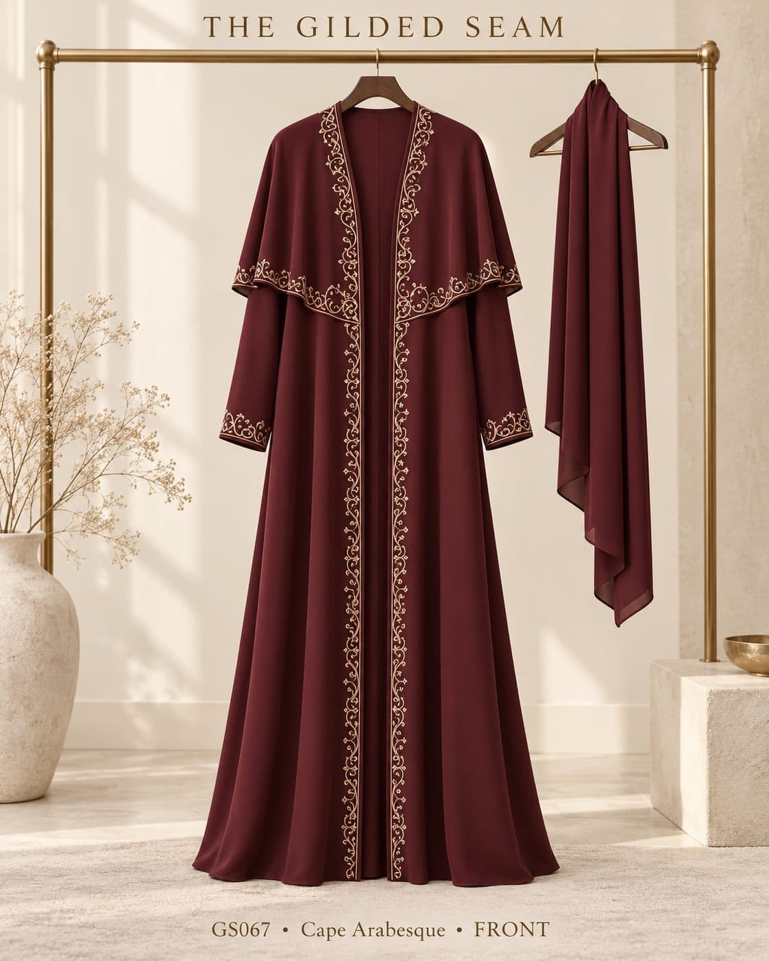 Design preview of the Arabesque cape abaya in burgundy