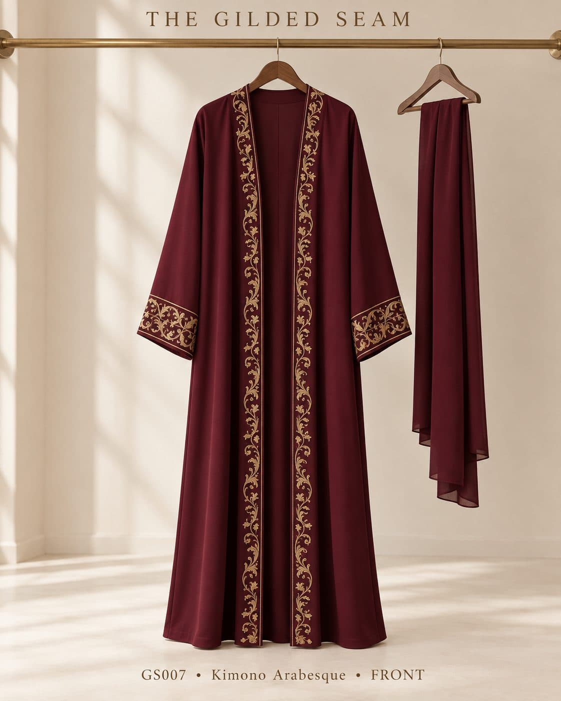 Design preview of the Arabesque kimono abaya in burgundy
