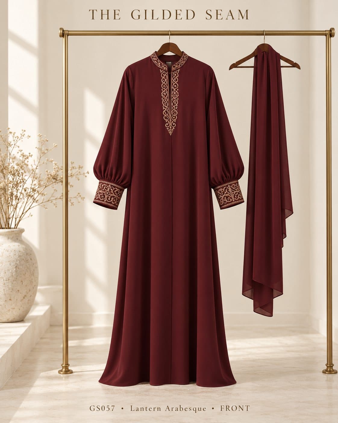 Design preview of the Arabesque lantern abaya in burgundy