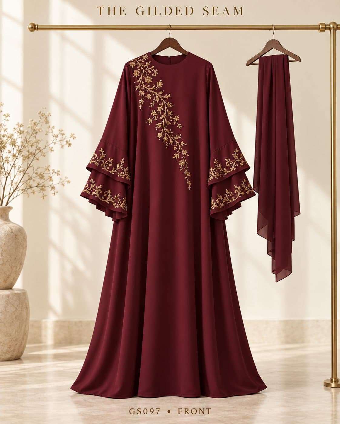 Design preview of the Arabesque layered abaya in burgundy