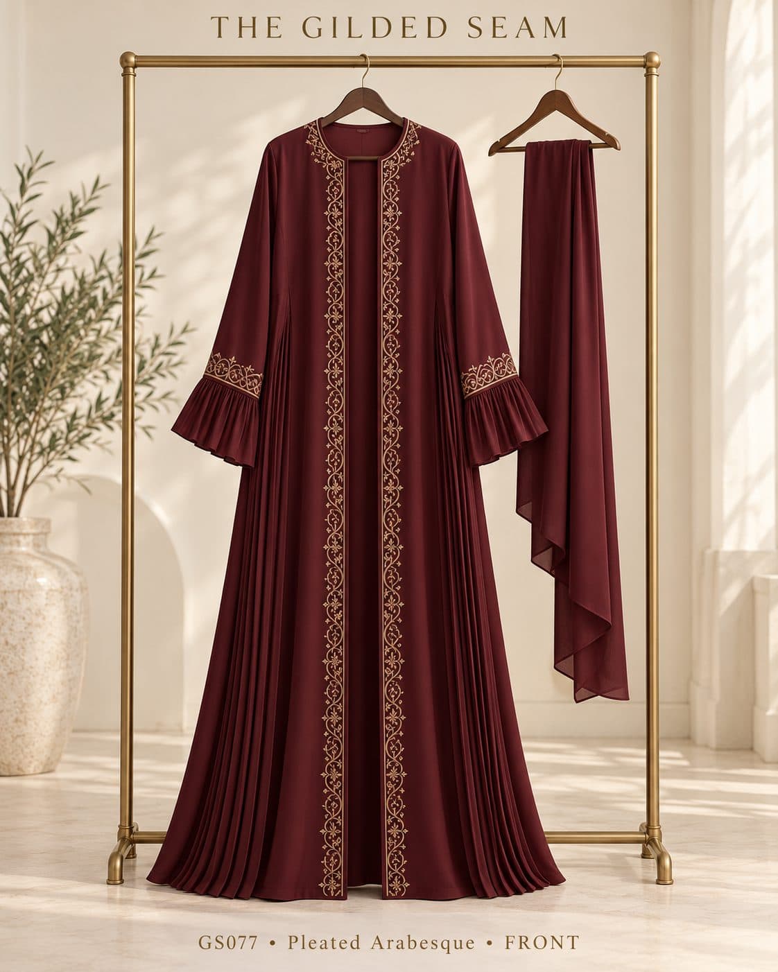 Design preview of the Arabesque pleated abaya in burgundy