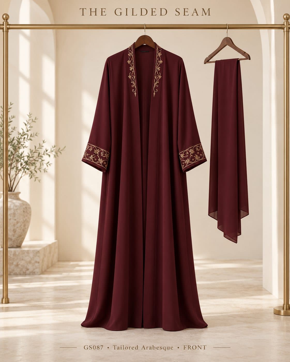 Design preview of the Arabesque tailored abaya in burgundy