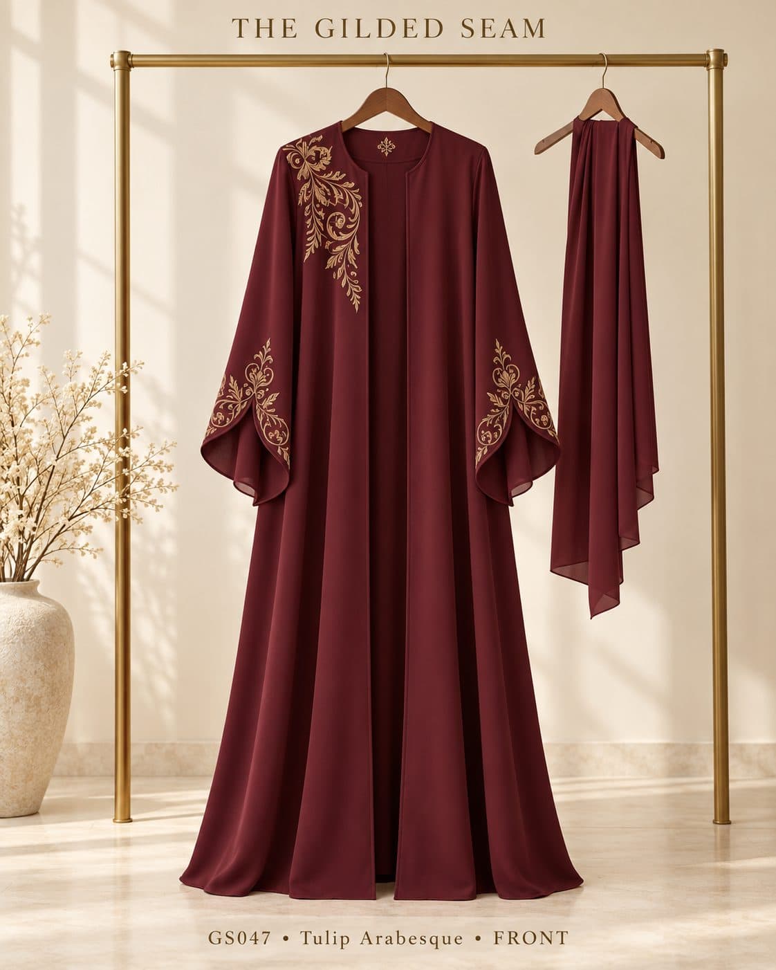 Design preview of the Arabesque tulip abaya in burgundy