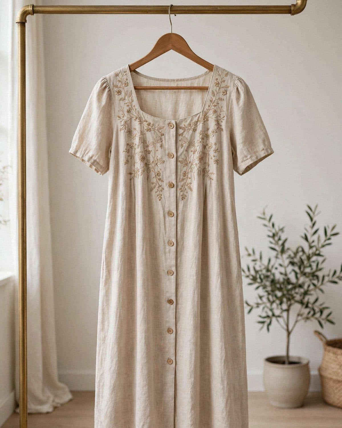 Design preview of the Beige Linen Frock in beige, front view