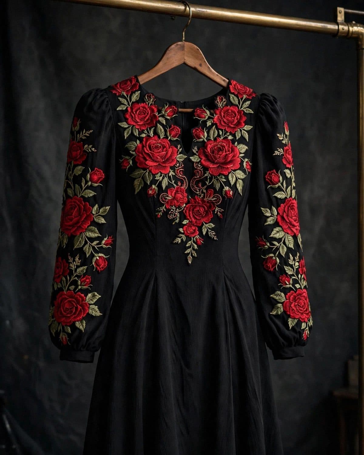 Design preview of the Black Red Roses Frock in black, front view