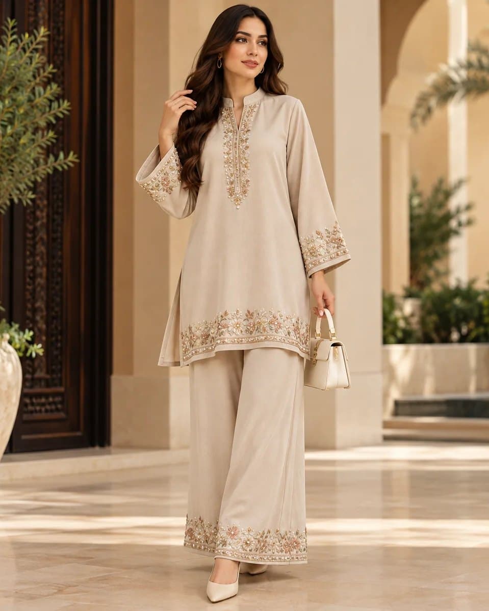 Design preview of the Blossom Border Kurta and Palazzo Set in ivory, front view