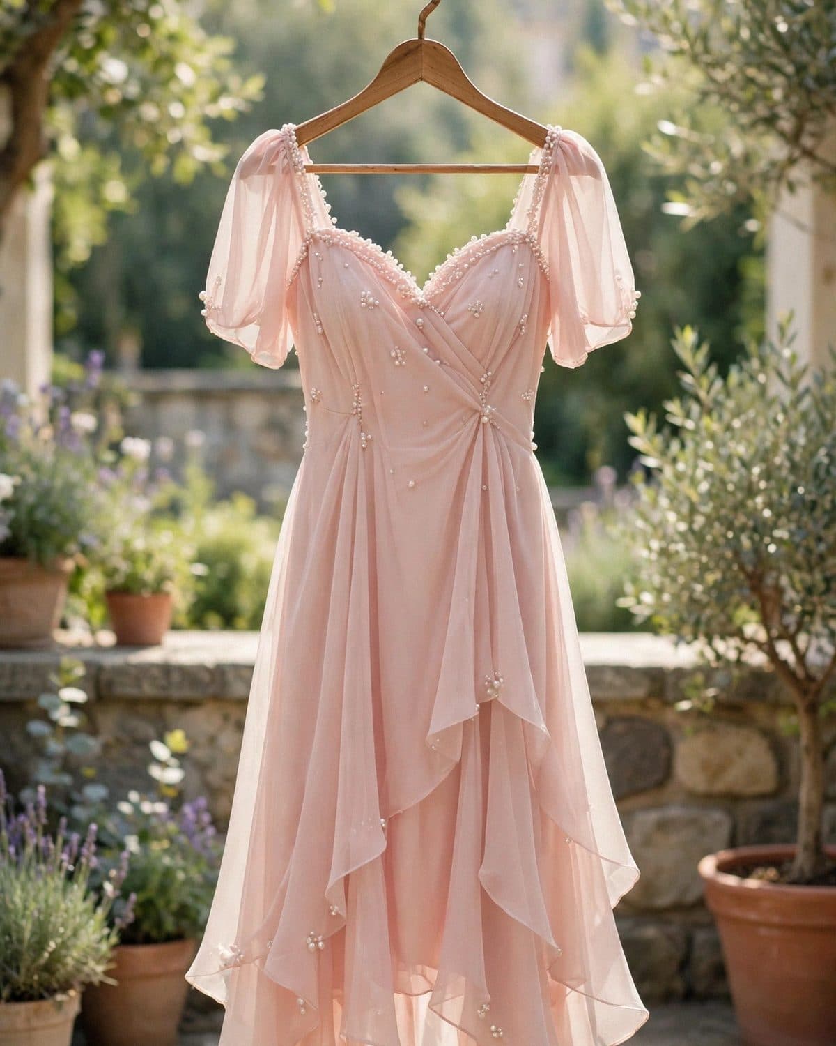 Design preview of the Blush Chiffon Pearls Frock in blush pink