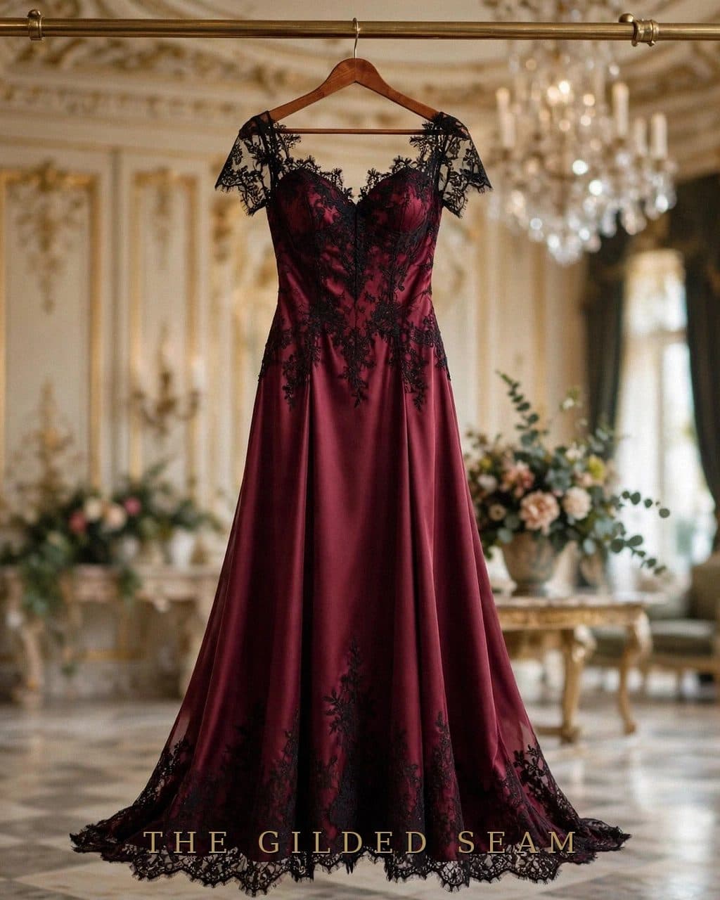 Design preview of the Burgundy Black Lace Frock in burgundy