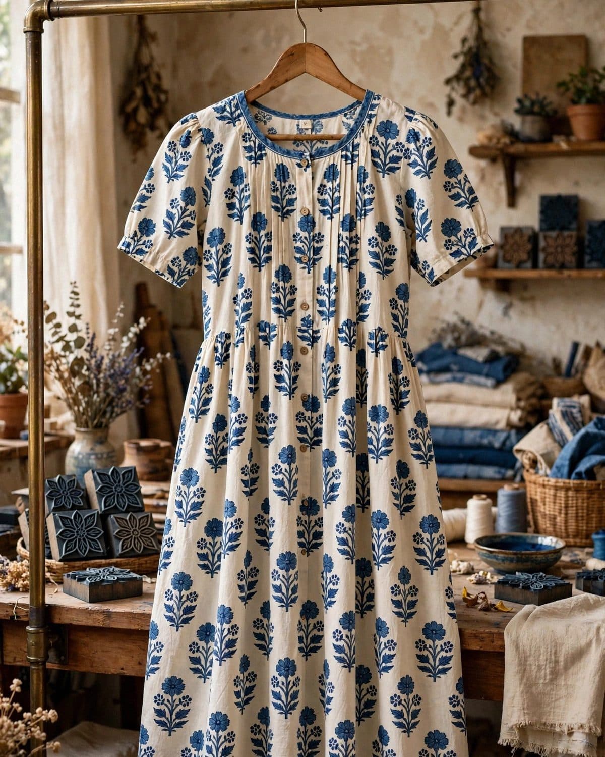 Design preview of the Cream Block Print Frock in cream