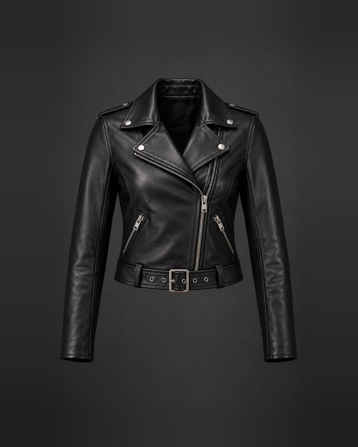 Design preview of the Cropped Classic Rider leather jacket in black: biker, asymmetric zip, buckled belt, silver hardware