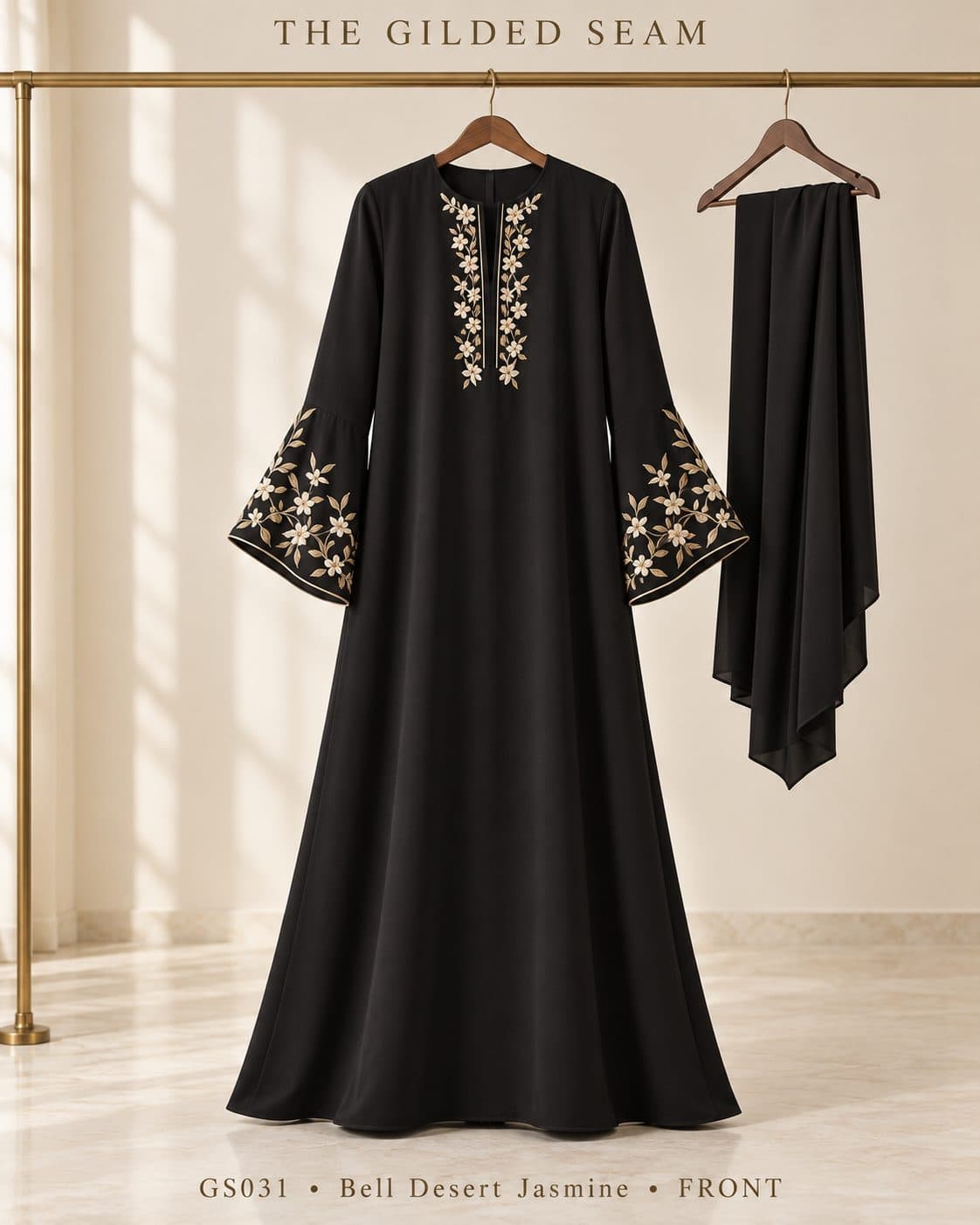 Design preview of the Desert Jasmine bell abaya in black