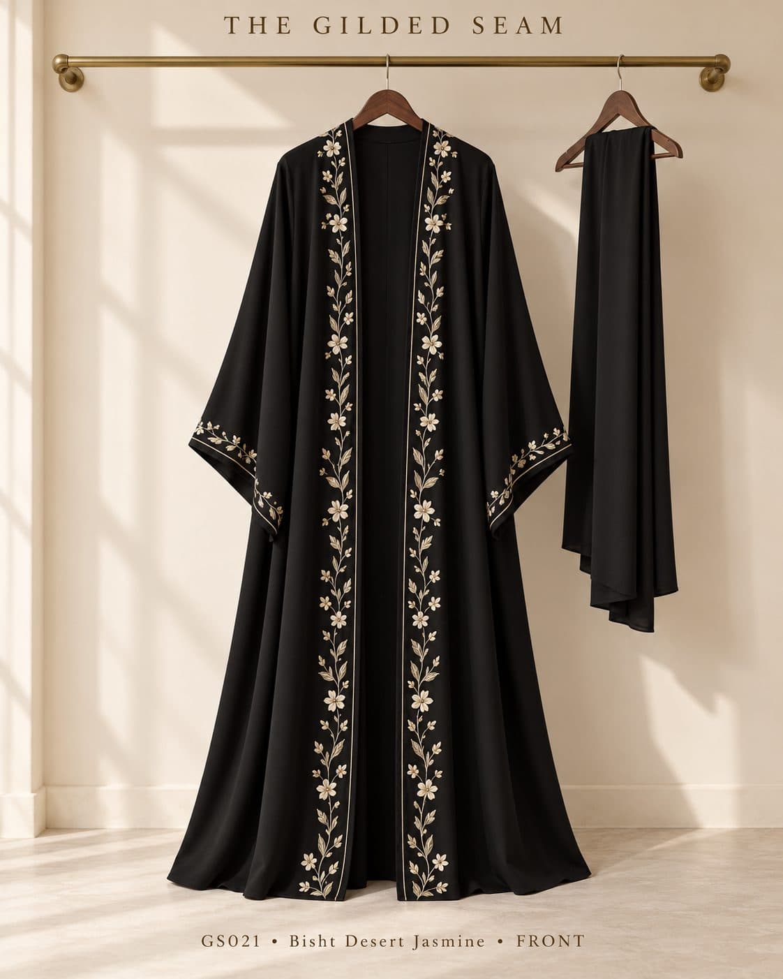 Design preview of the Desert Jasmine bisht abaya in black