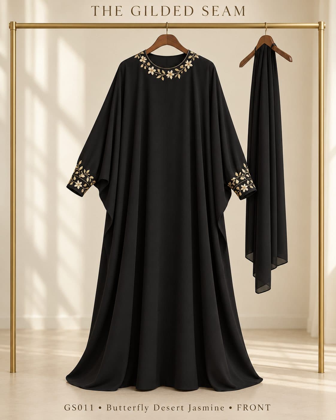 Design preview of the Desert Jasmine butterfly abaya in black