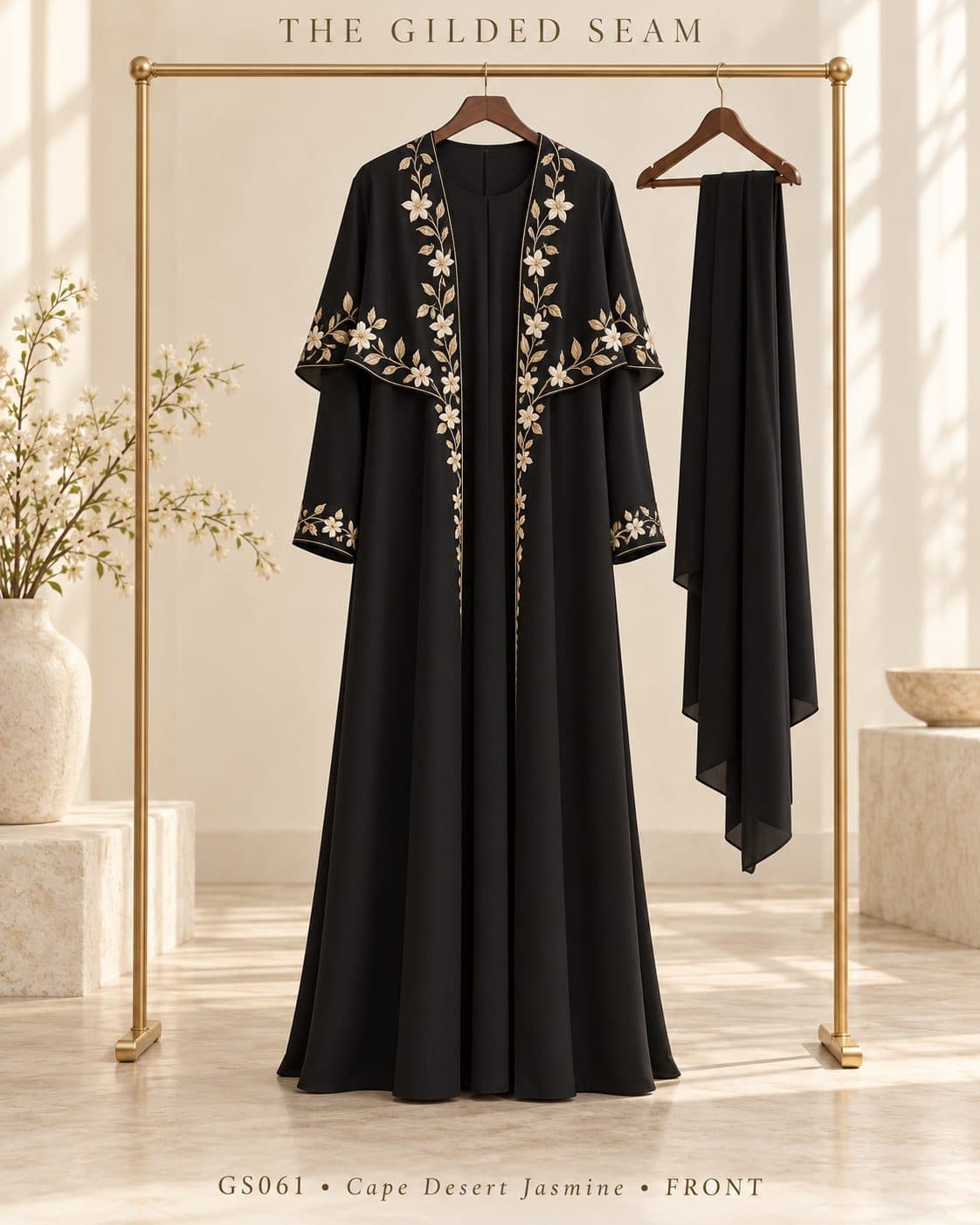Design preview of the Desert Jasmine cape abaya in black