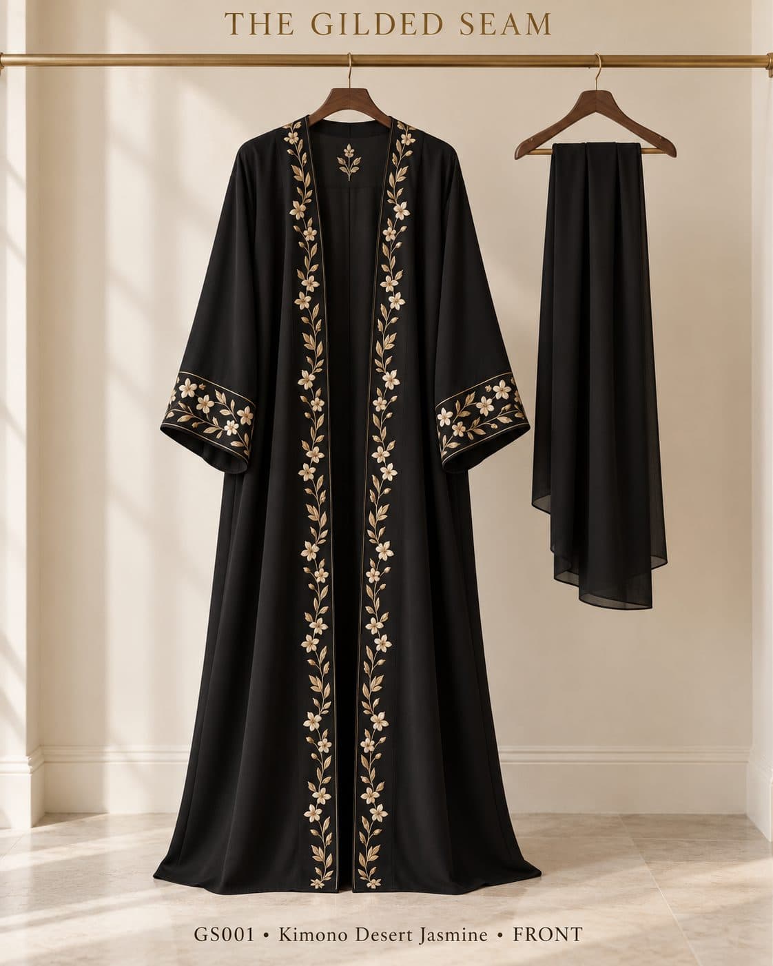 Design preview of the Desert Jasmine kimono abaya in black