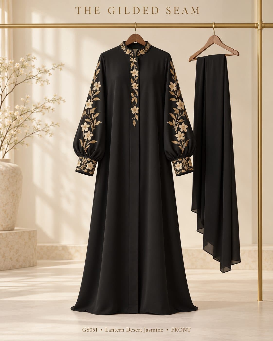 Design preview of the Desert Jasmine lantern abaya in black