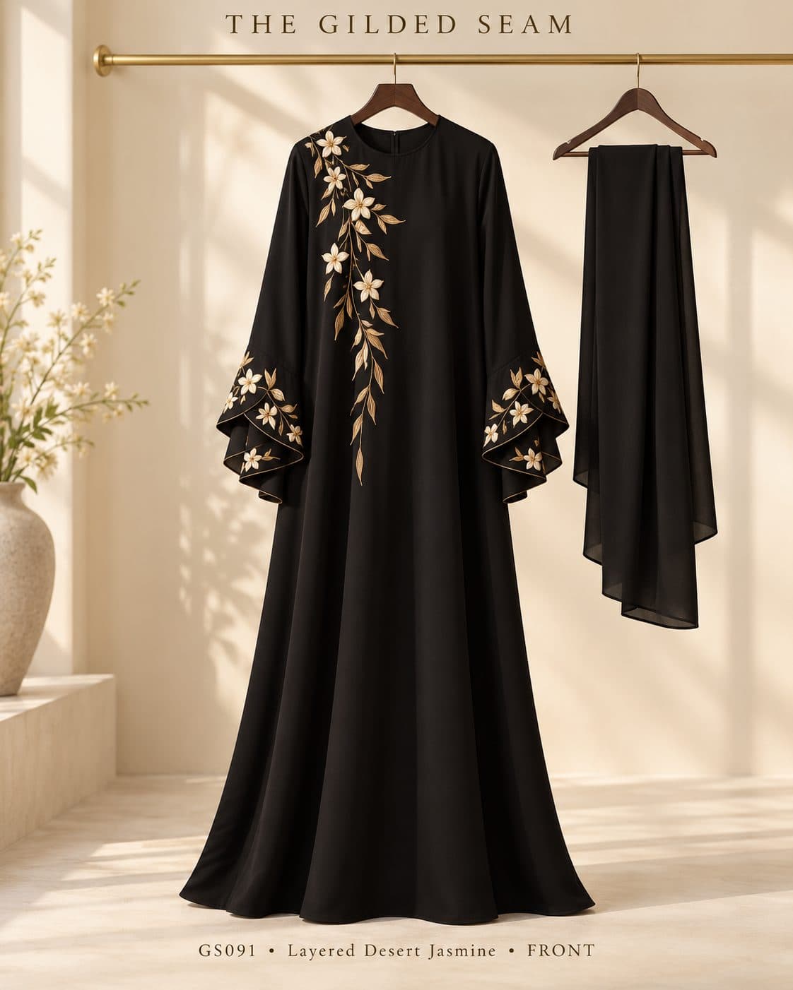 Design preview of the Desert Jasmine layered abaya in black