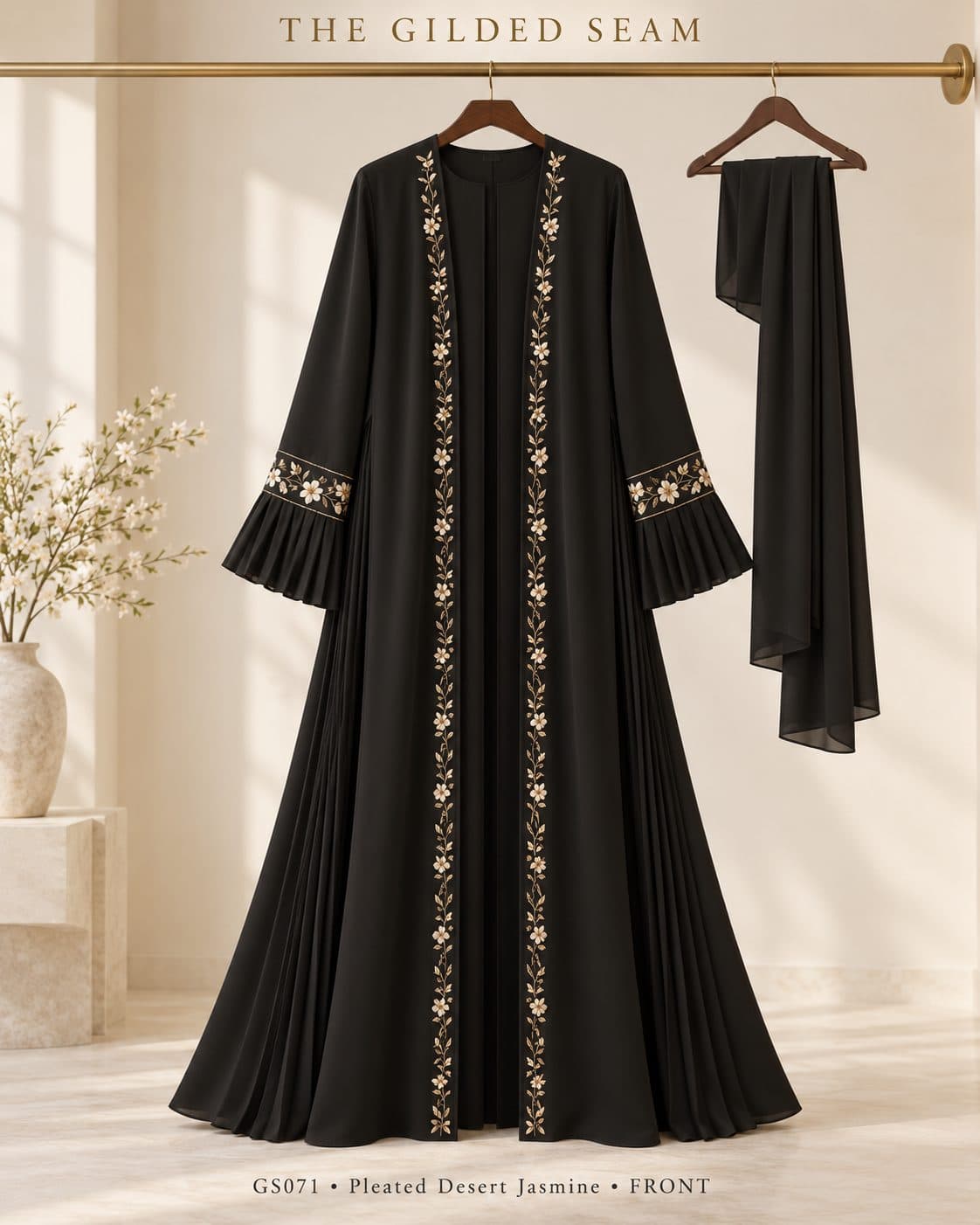 Design preview of the Desert Jasmine pleated abaya in black