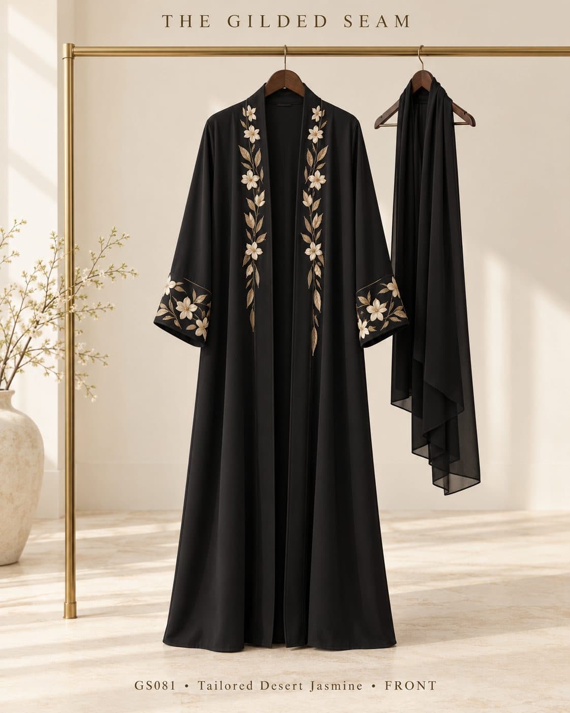Design preview of the Desert Jasmine tailored abaya in black