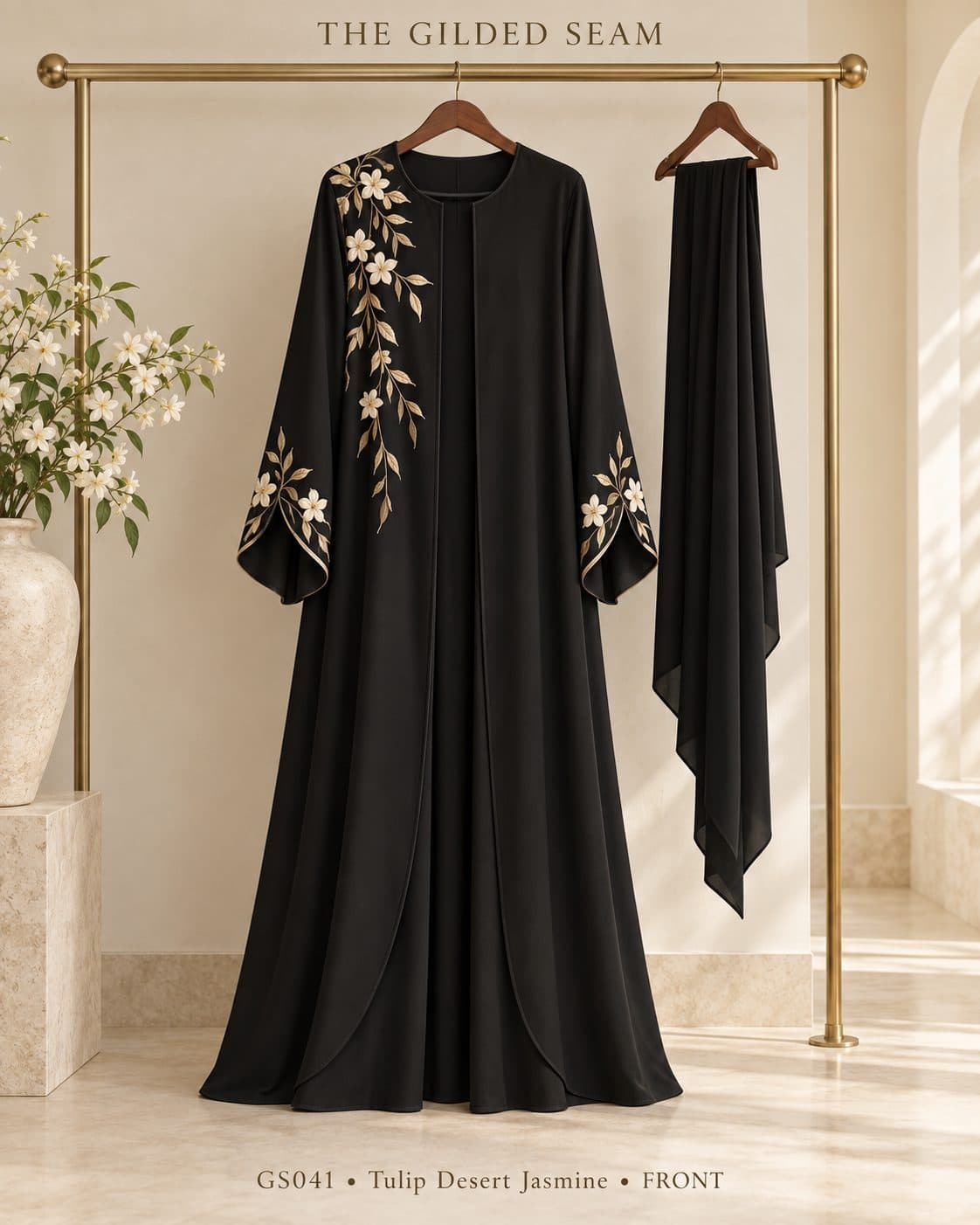 Design preview of the Desert Jasmine tulip abaya in black