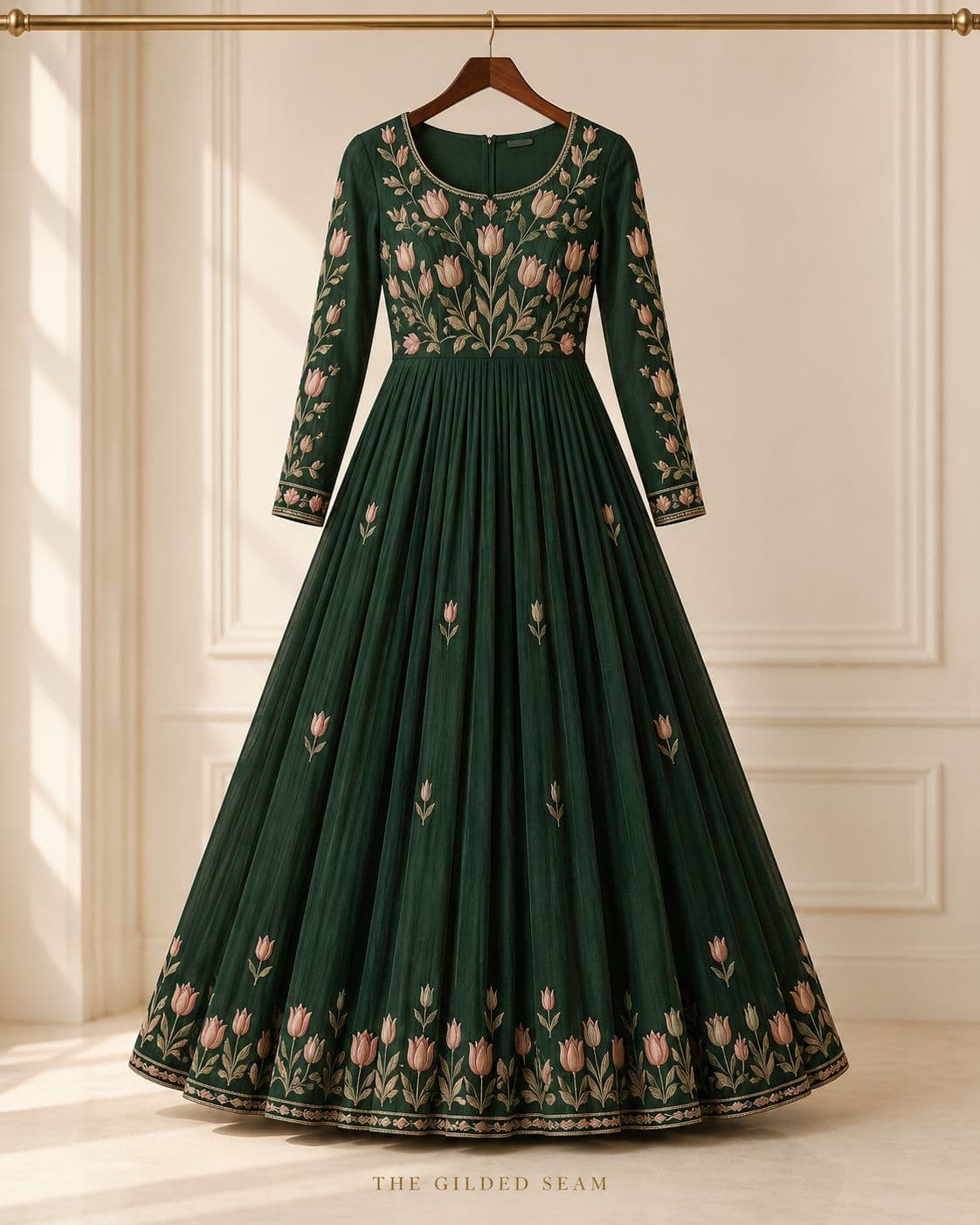 Design preview of the Emerald Rose Anarkali in emerald green