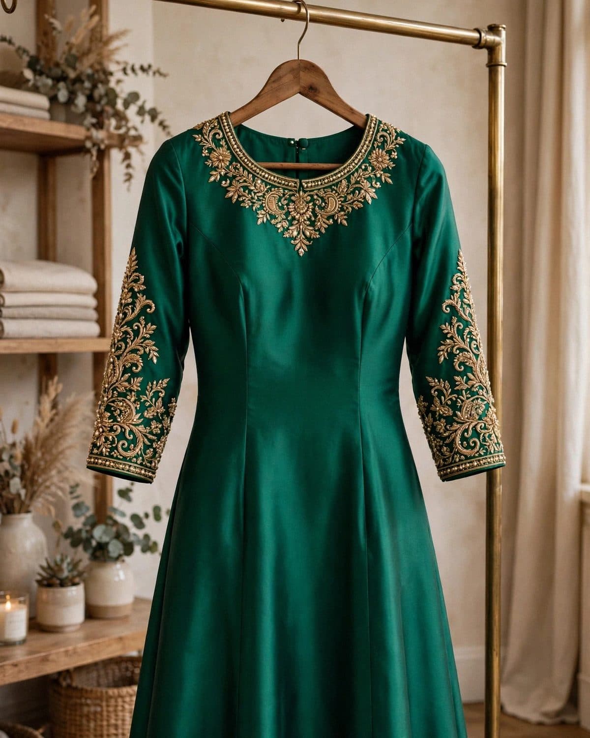 Design preview of the Emerald Silk Zardozi Frock in emerald