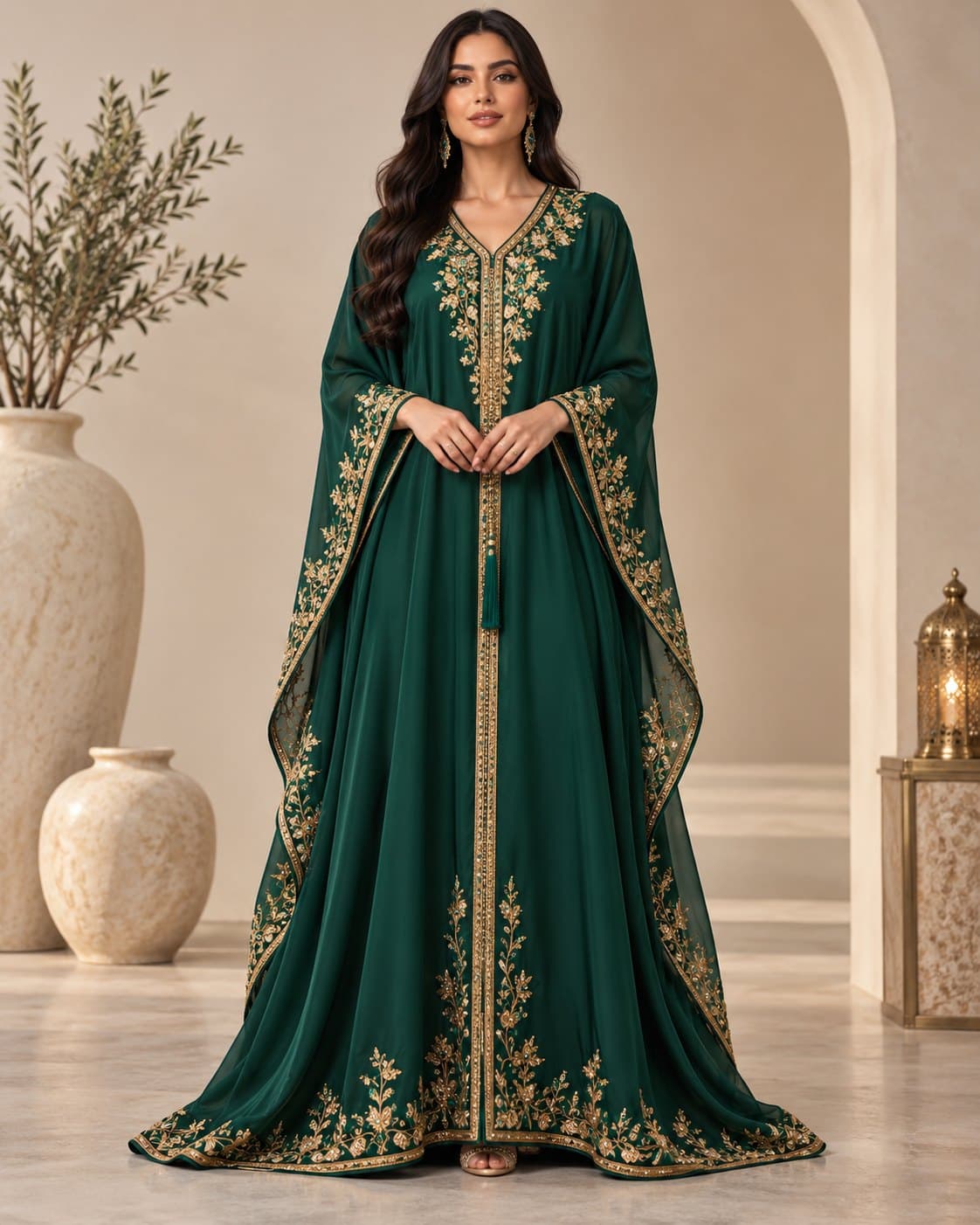 Emerald green kaftan with cape sleeves and gold vine embroidery down the front, design preview