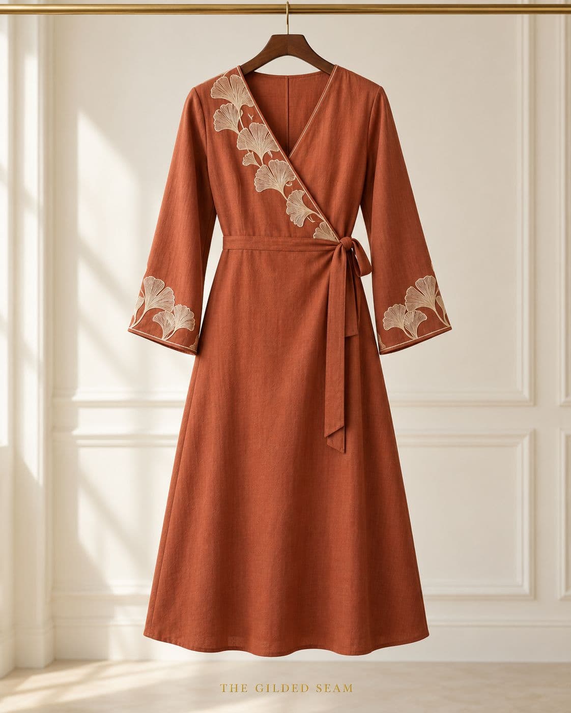 Design preview of the Ginkgo Wrap Dress in rust