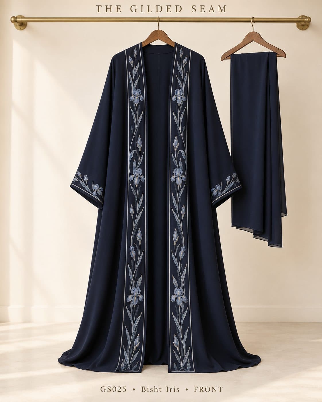 Design preview of the Iris bisht abaya in navy, front view
