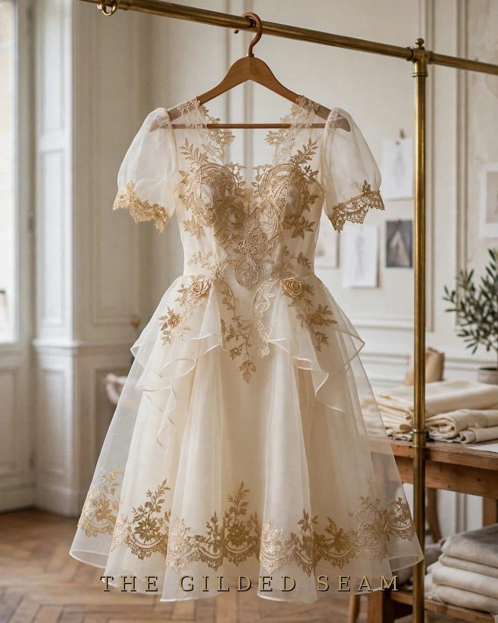 Design preview of the Ivory Organza Gold Lace Frock in ivory