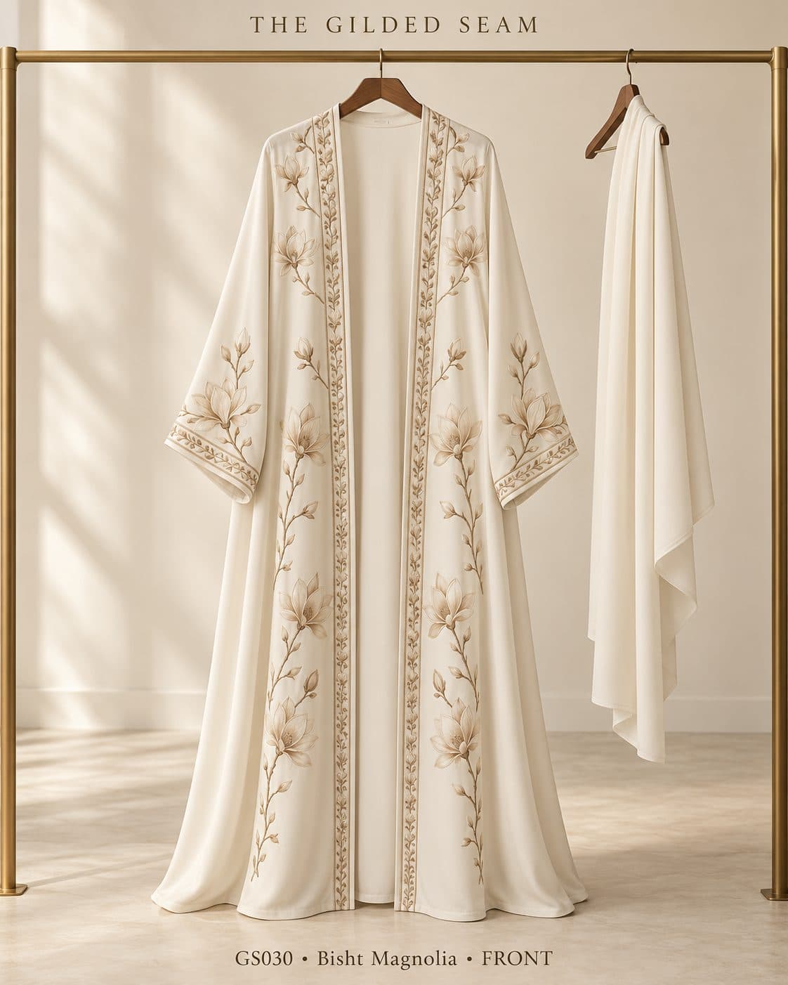 Design preview of the Magnolia bisht abaya in ivory, front view