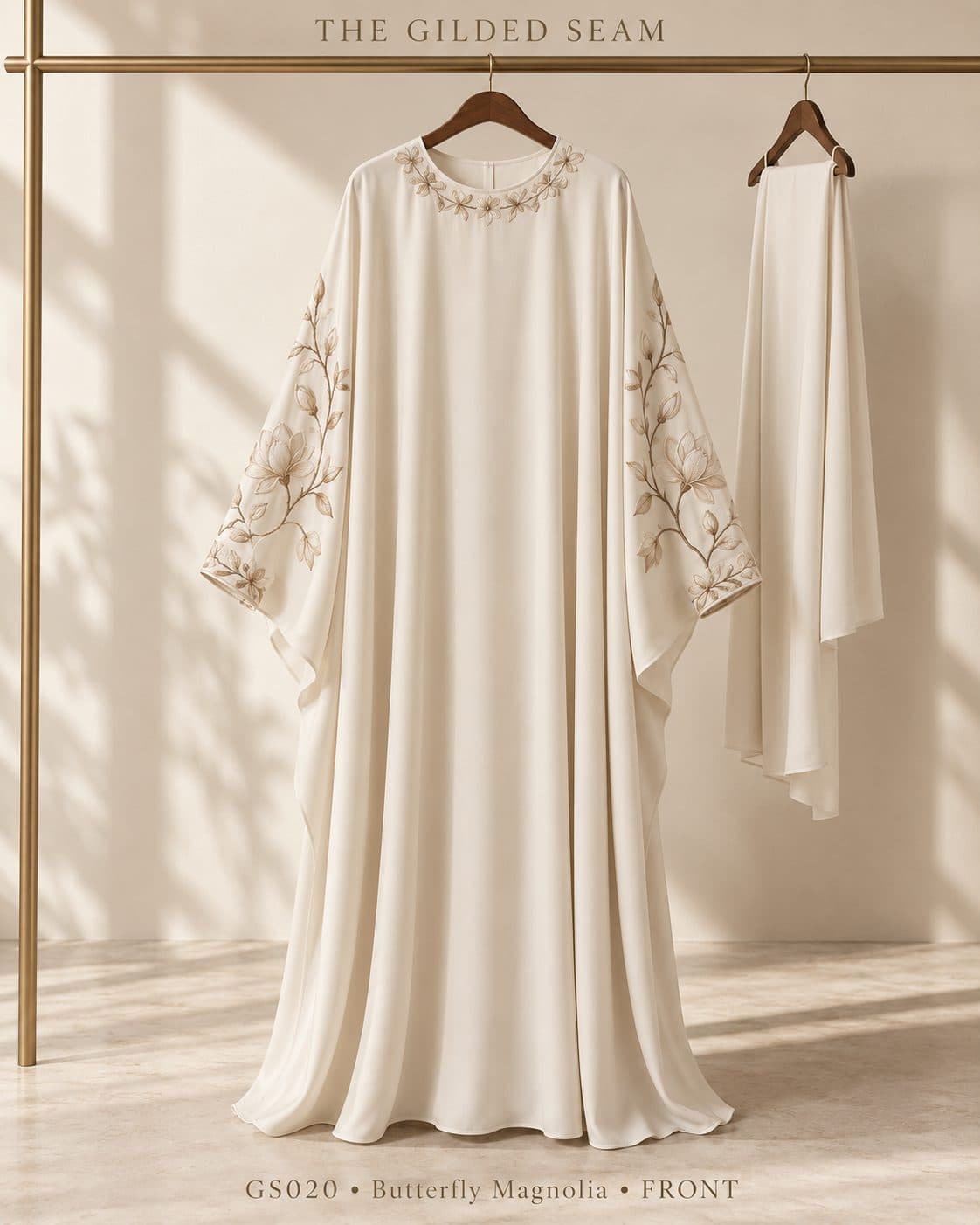 Design preview of the Magnolia butterfly abaya in ivory, front view