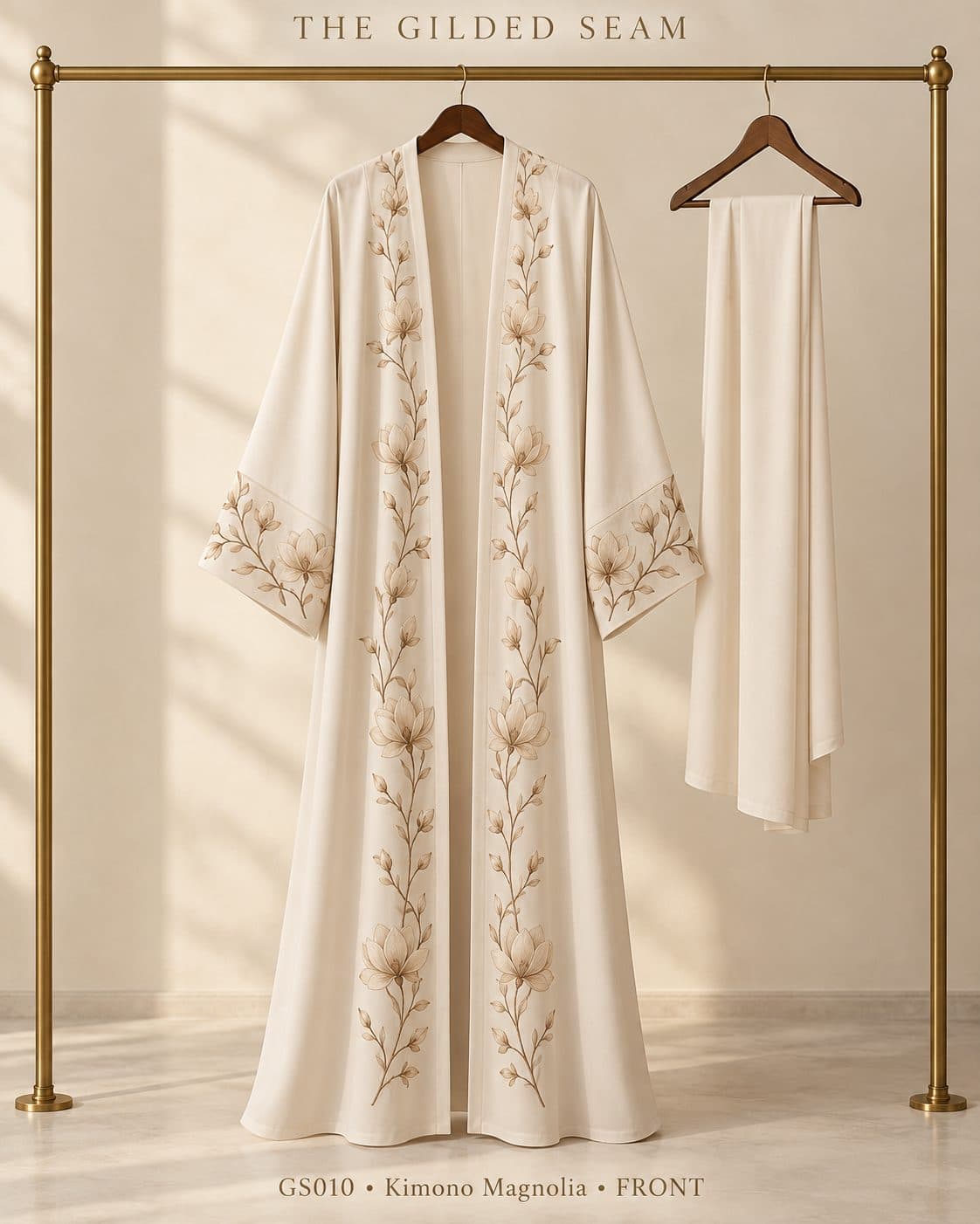 Design preview of the Magnolia kimono abaya in ivory, front view