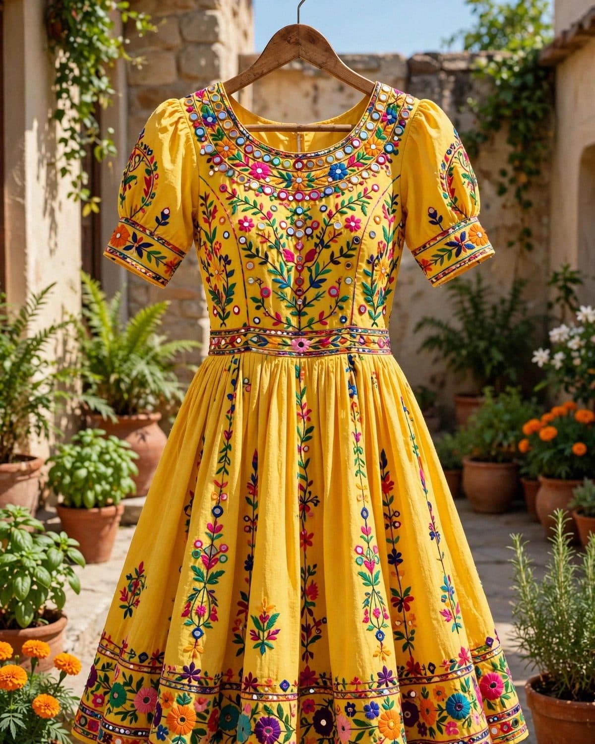 Design preview of the Marigold Mirror Work Frock in marigold yellow