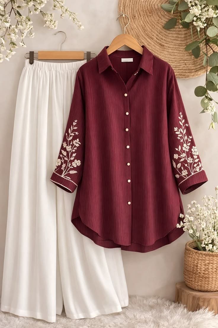 Design preview of the Maroon Blossom Sleeve Co-ord Set in maroon, front view