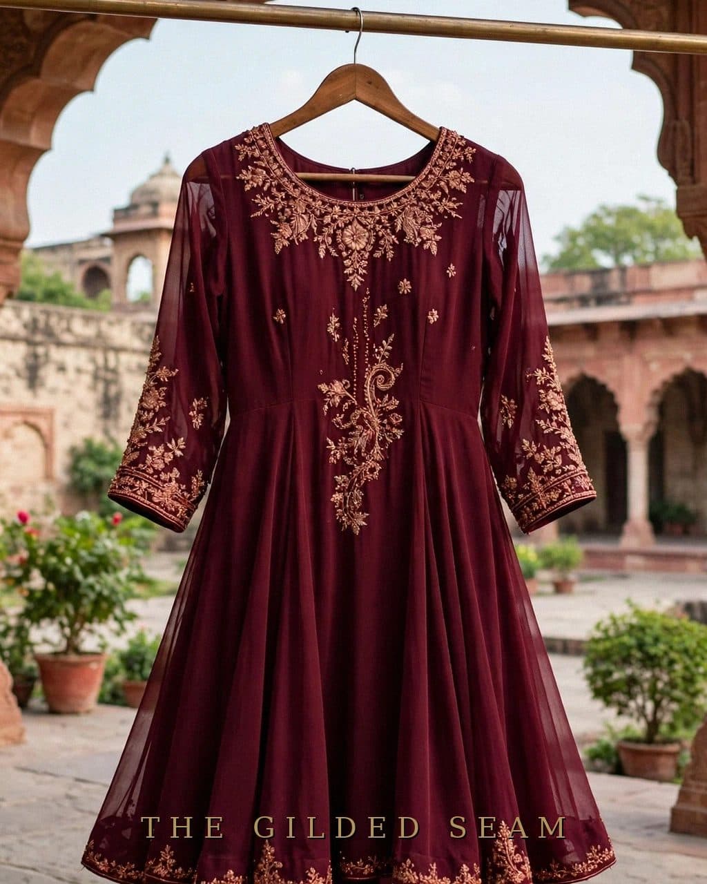 Design preview of the Maroon Dabka Frock in maroon