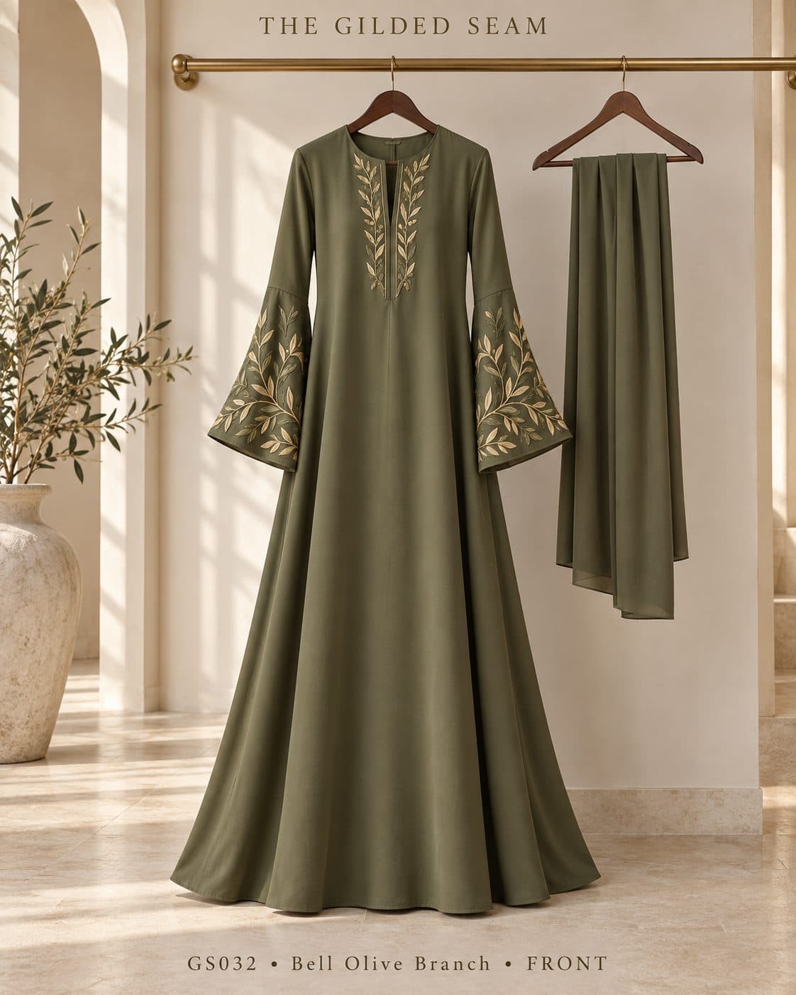 Design preview of the Olive Branch bell abaya in olive green