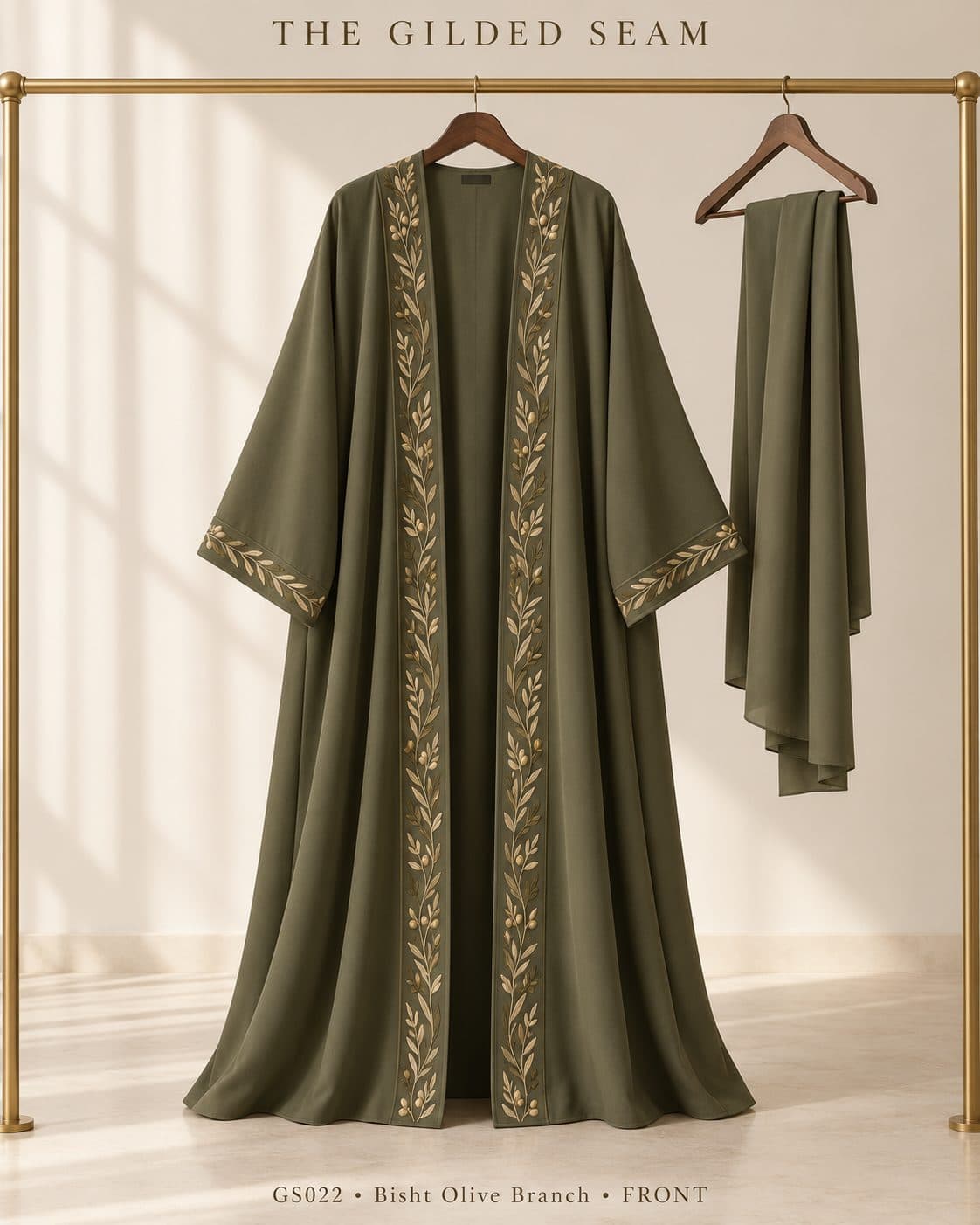 Design preview of the Olive Branch bisht abaya in olive green