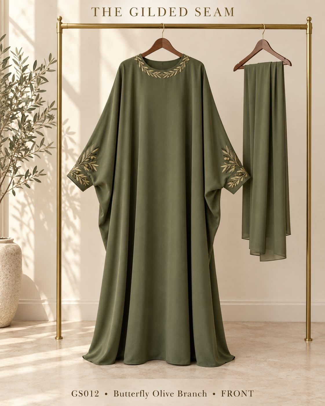 Design preview of the Olive Branch butterfly abaya in olive green