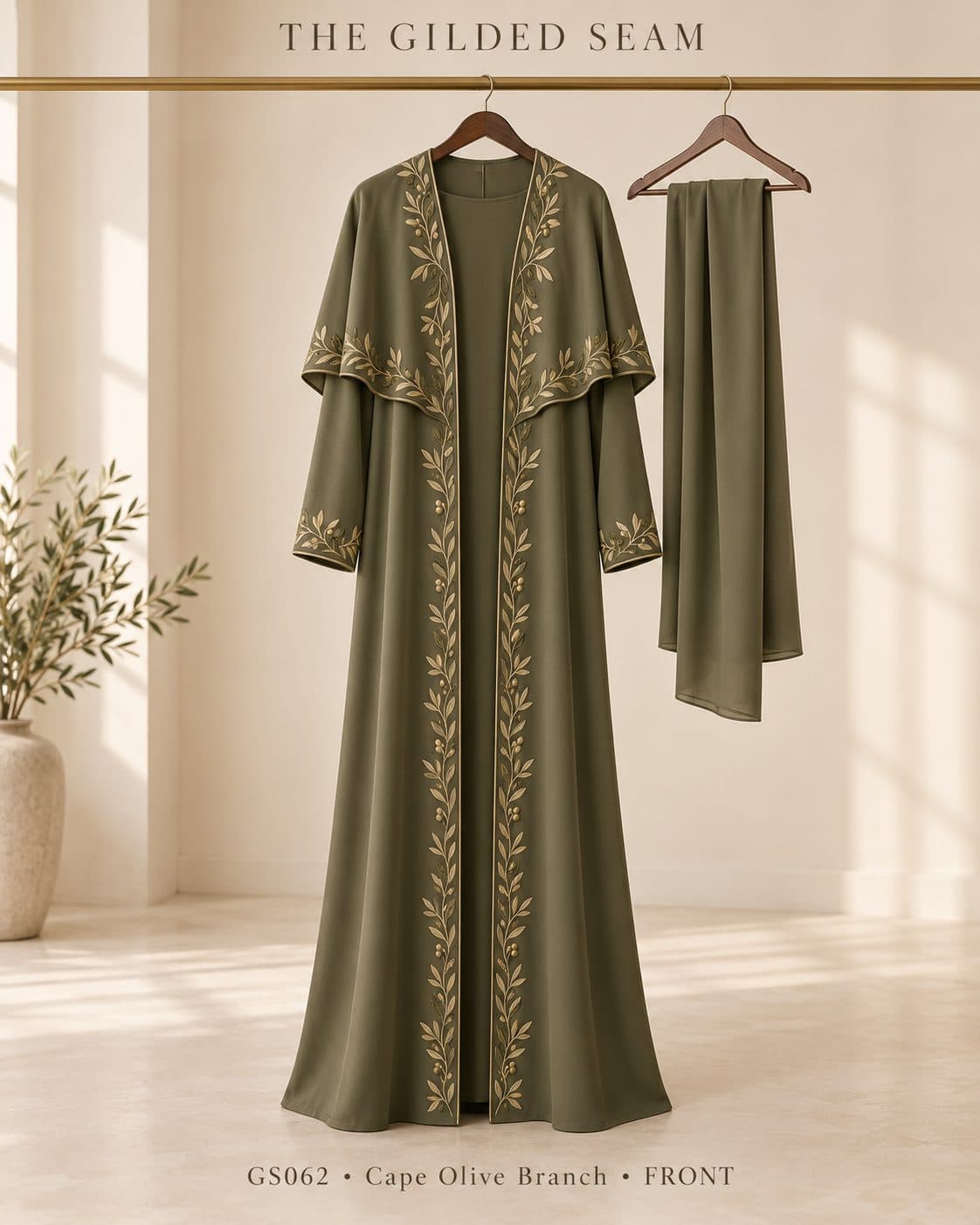 Design preview of the Olive Branch cape abaya in olive green