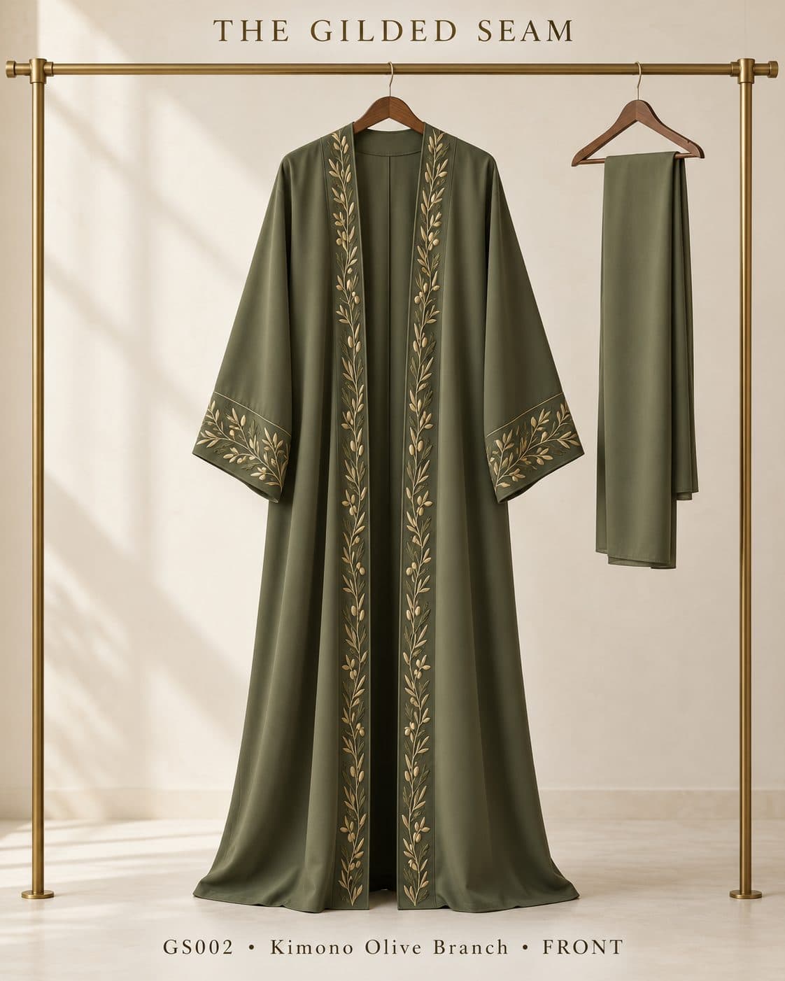 Design preview of the Olive Branch kimono abaya in olive green
