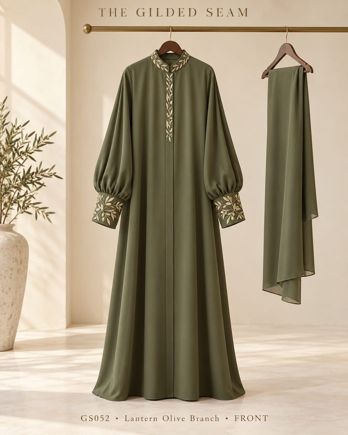 Design preview of the Olive Branch lantern abaya in olive green