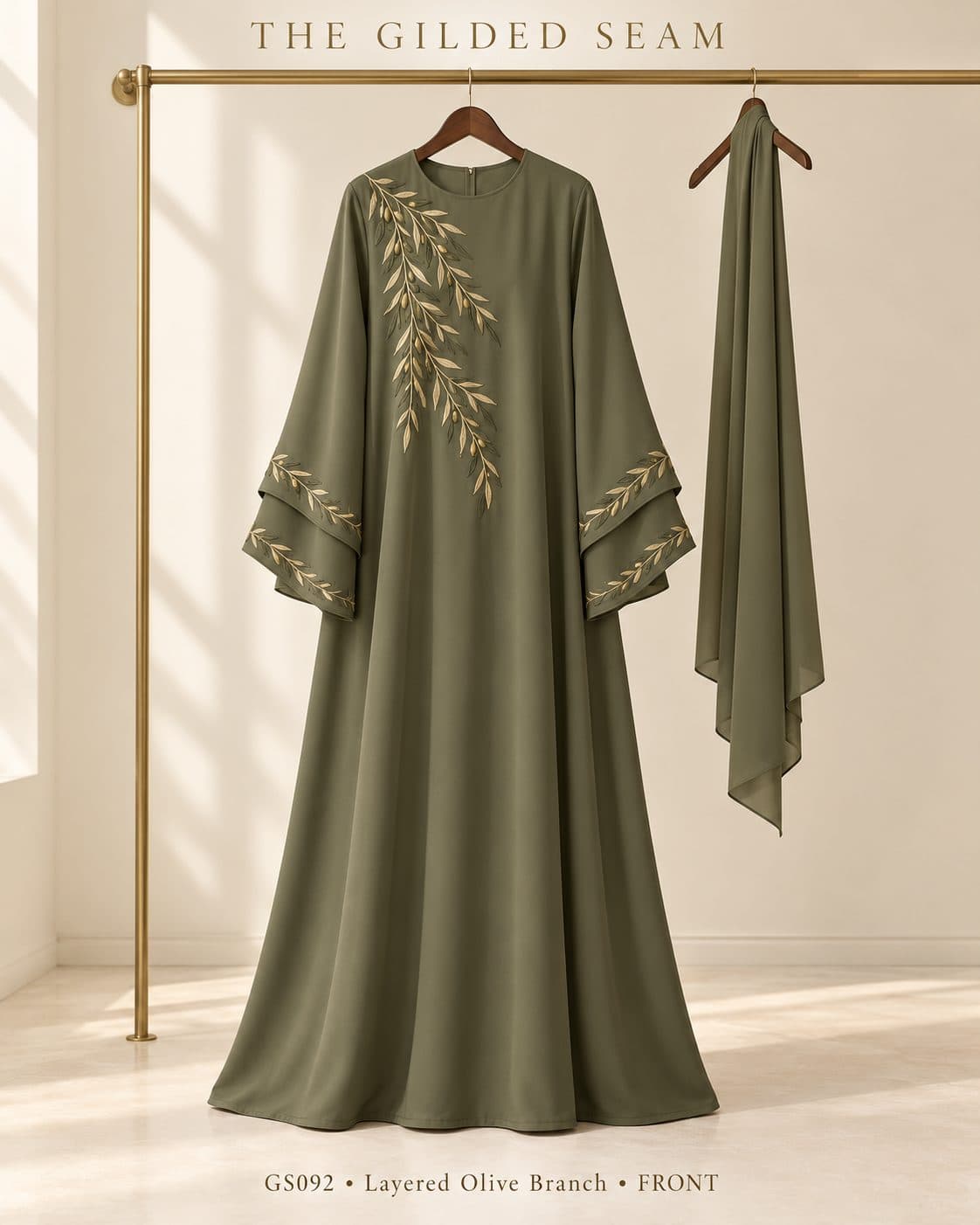Design preview of the Olive Branch layered abaya in olive green