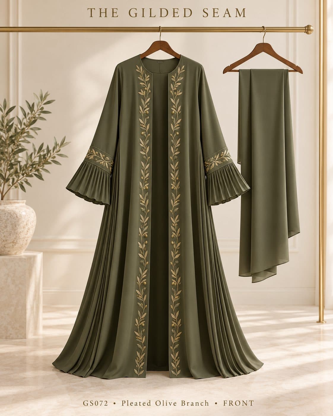 Design preview of the Olive Branch pleated abaya in olive green
