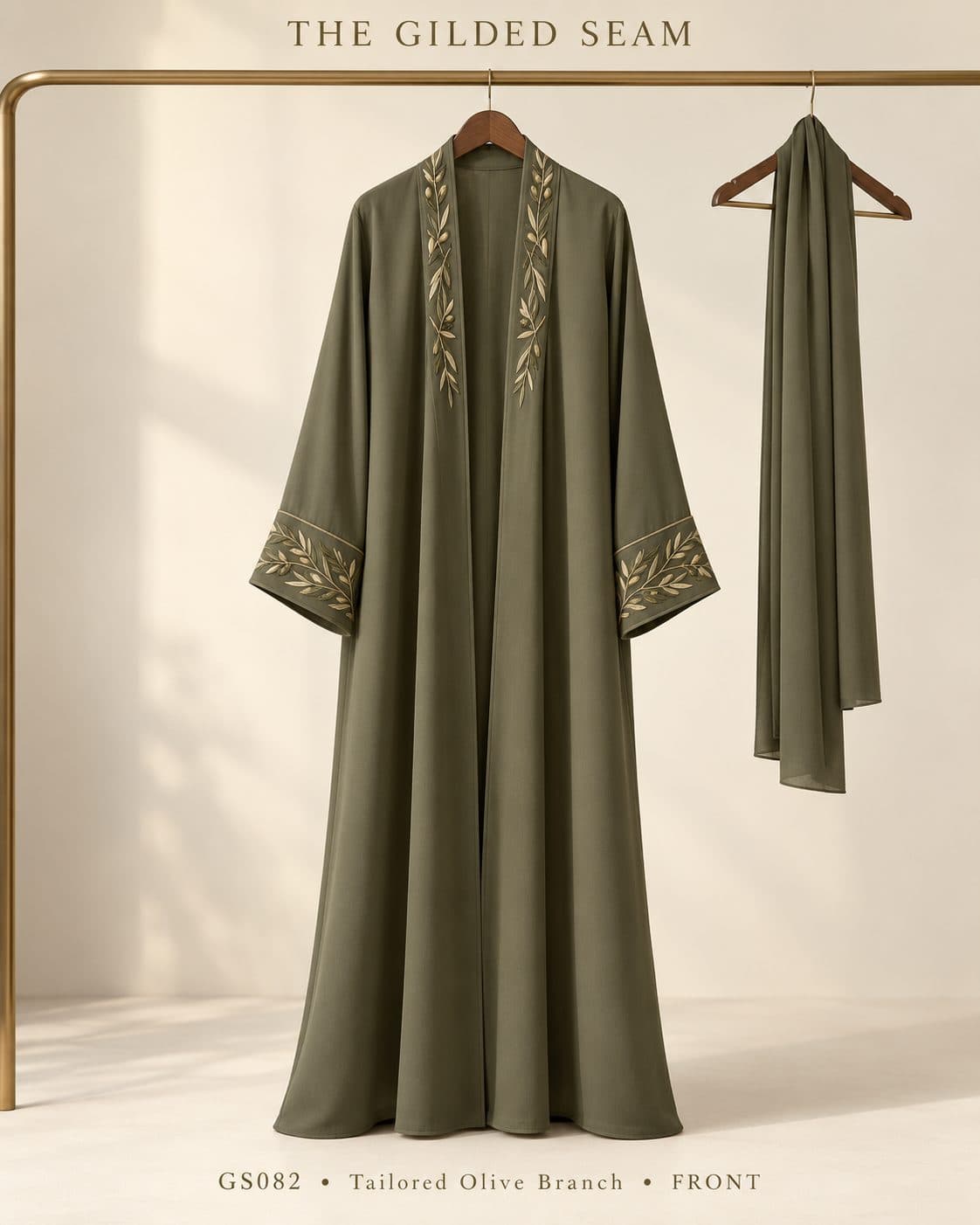 Design preview of the Olive Branch tailored abaya in olive green