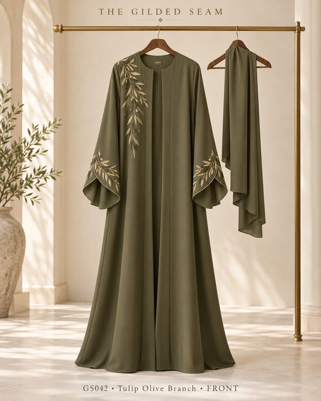 Design preview of the Olive Branch tulip abaya in olive green